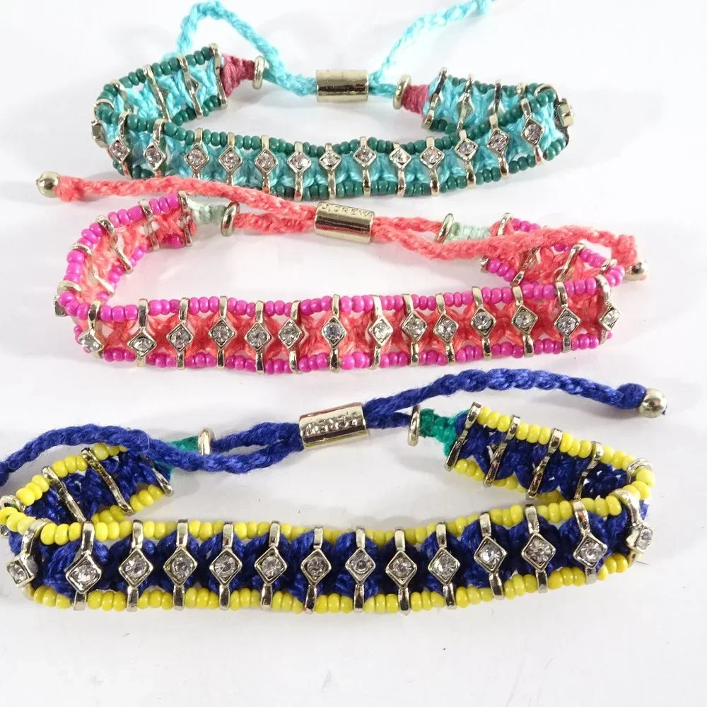 J.Crew Rainbow Friendship Crystal Woven Adjustable bracelet Set of 3 pieces NWOT